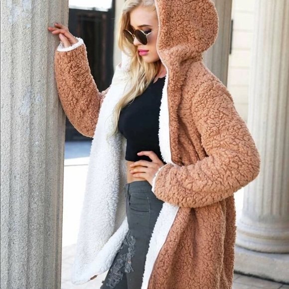 Reversible teddy jacket hooded shearling coat - Picture 3 of 6